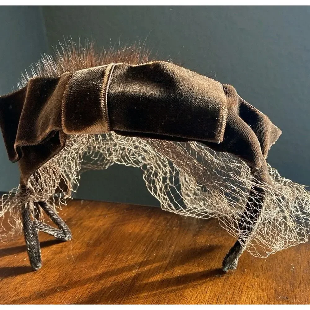 Vtg Mink Fur Brown Velvet Bow Veil Fascinator Hat Open Crown Pill Box 1940s - Picture 2 of 7